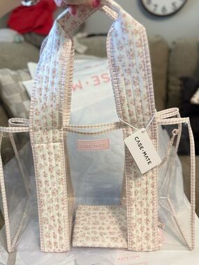 case-mate Clear Tote Bag with Pink Floral Trim and Quilted Handles